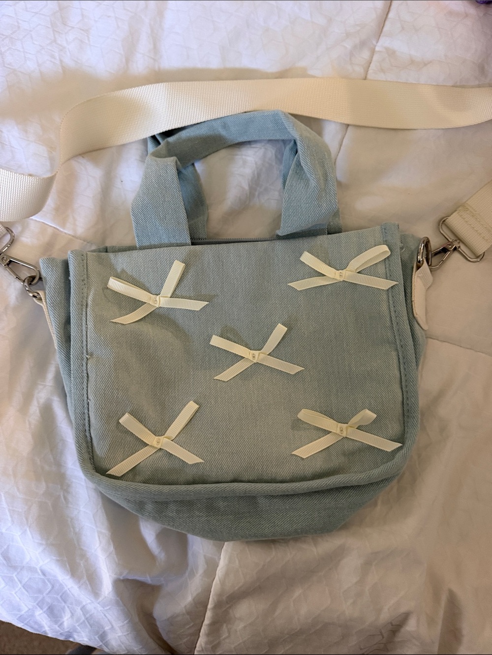 art class Light Blue Canvas Crossbody Tote with Ivory Ribbon Bows
